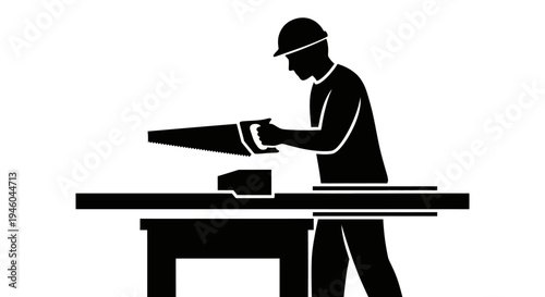 Man in hard hat working wood.