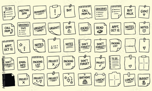 Hand Drawn Sticky Notes Collection with To Do Lists Reminders and Errands