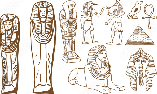 Ancient Egyptian Symbols Doodle Set – Tribal Ethnic Hand Drawn Egypt Culture Elements and Hieroglyphic Icons Collection