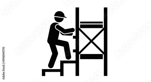 Man climbing industrial metal ladder.