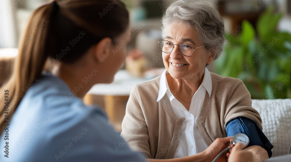 Obraz premium Wide bright home care scene of a faceless caregiver from behind performing a routine health assessment on an elderly woman seated in a bright home armchair a blood pressure cuff