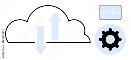 Cloud computing concept. Cloud computing with data transfer arrows, firewall symbol, and gear icon. Cloud computing technology, security, storage, and enterprise. For IT cybersecurity data