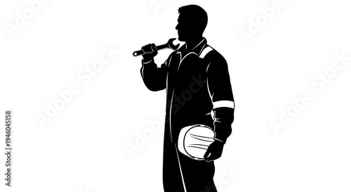 Man wearing uniform holding hardhat.