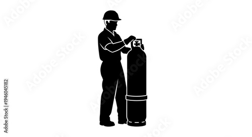 Worker with oxygen gas cylinder tank.