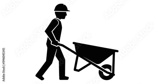 Man pushing a wheelbarrow outdoors slowly.