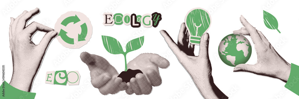 Obraz premium Retro eco collage set with halftone hands holding green plant, lightbulb, earth globe and recycling sign. Sustainable energy, environment protection and ecology concept vector illustration