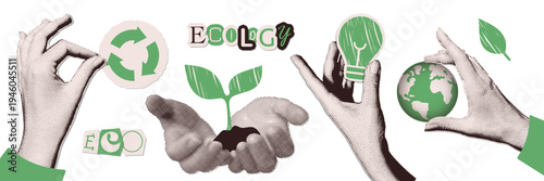 Retro eco collage set with halftone hands holding green plant, lightbulb, earth globe and recycling sign. Sustainable energy, environment protection and ecology concept vector illustration