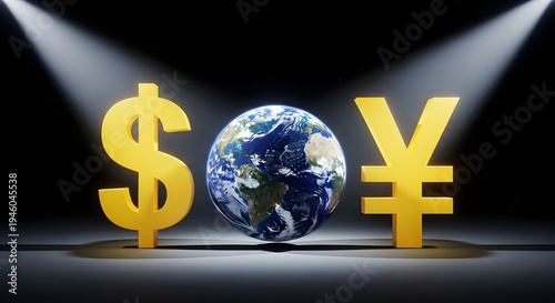 Golden dollar and yen currency symbols flank the Earth under dramatic spotlights symbolizing global finance and trade.