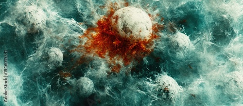 Cosmic spheres collide, fiery explosion, nebular background, abstract art