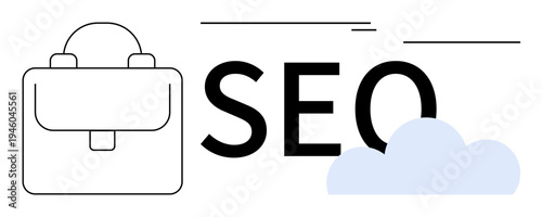 Backpack next to bold SEO text and blue cloud represents digital marketing, SEO strategies, teamwork, online growth, content planning, cloud-based tools, optimization processes. Simple flat metaphor