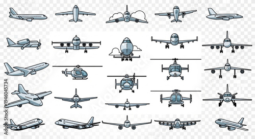 Collection of Hand-Drawn Airplanes and Helicopters on Transparent Background.
