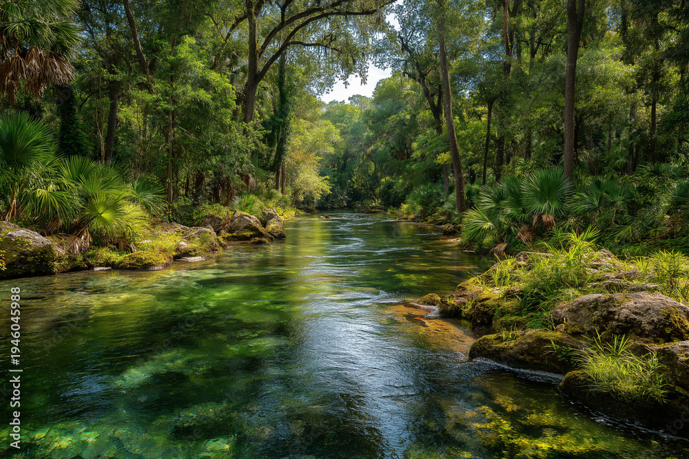 Fototapeta premium Crystal clear river flowing through New Florida wilderness, dense tropical forest, rocks and greenery, peaceful nature scene