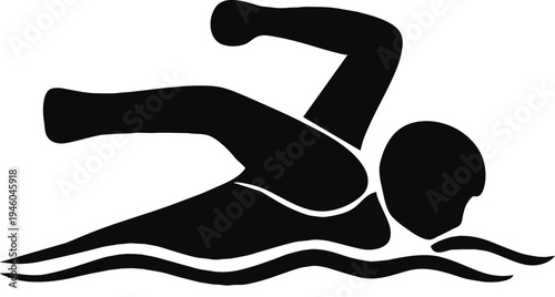 A simple black silhouette depicts a swimmer in motion showcasing the freestyle stroke technique in water high quality professional