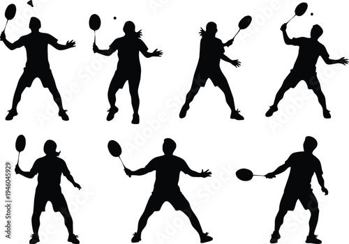 A series of silhouettes depict badminton players in various dynamic poses showcasing the action of a match high quality