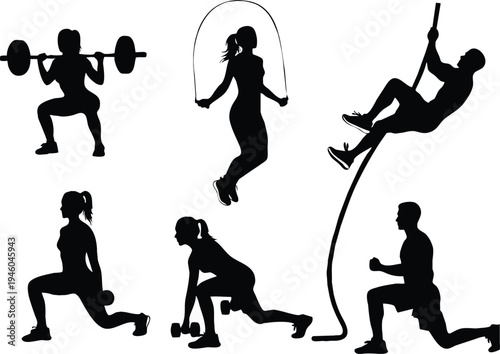 A collection of dynamic silhouettes depicts various athletic endeavors including weightlifting jump rope pole vault and stretching exercises