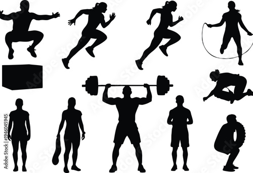 A collection of black silhouette figures depicting various athletic exercises and fitness activities high quality professional detailed modern elegant