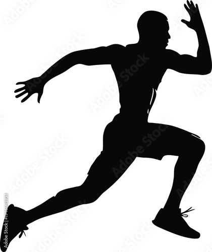 A dynamic silhouette depicts a muscular man in mid stride appearing to be sprinting or running quickly forward