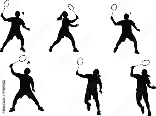 A collection of black silhouettes depicts various dynamic poses of people playing badminton showcasing active movement and athleticism