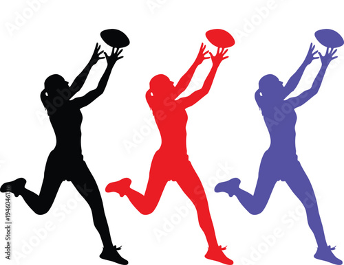 Three silhouettes of female athletes reaching for a frisbee each colored black red and blue high quality professional detailed