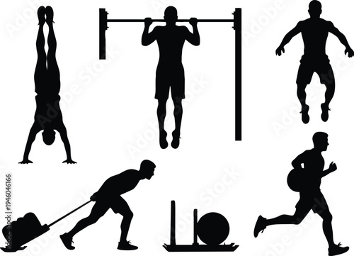 Silhouette illustrations showcase diverse athletic activities including pull ups handstands running and sled training high quality professional detailed modern