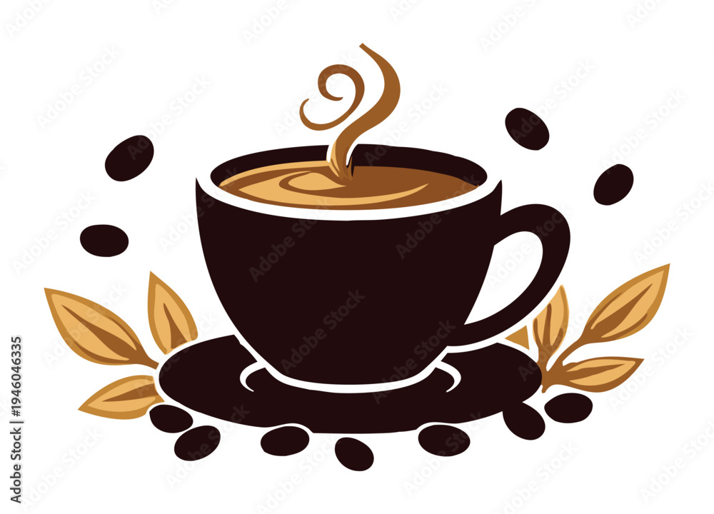 Obraz premium A steaming cup of rich, dark coffee sits on a saucer, surrounded by roasted coffee beans and decorative leaves, evoking warmth and aroma.