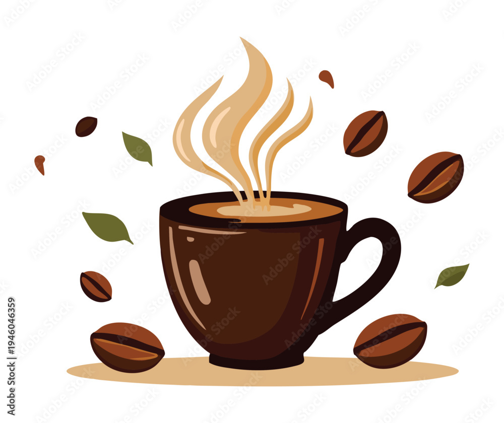 Obraz premium Aromatic hot coffee in a dark brown mug, with steam rising and coffee beans scattered around, evoking warmth and morning comfort.