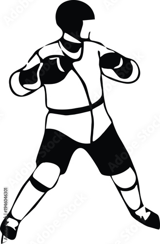 A stark black and white silhouette depicts a cross country skier in action poised for movement with athletic gear high quality