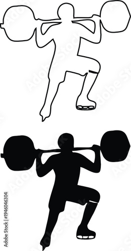 A black and white illustration depicts a weightlifter in two poses performing a clean and jerk and a squat lift