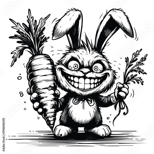 Crazy cartoon bunny character holding giant carrot grinning maniacally in black and white sketch