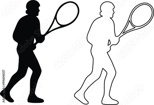 A black and white depiction showcases two tennis players in action both captured in side profile silhouettes high quality professional detailed