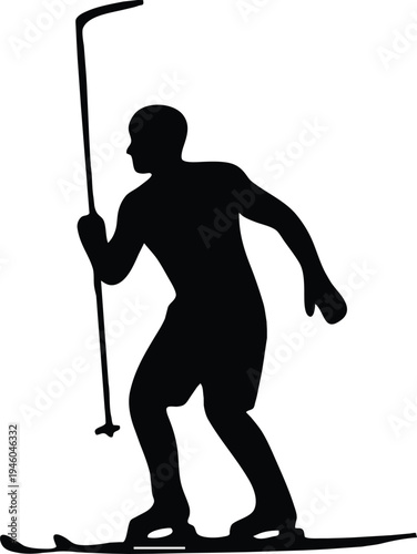 A silhouetted depiction of a cross country skier in motion holding poles and gliding across a snowy surface high quality professional