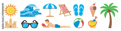 summer beach vacation icons with sun, sea wave, umbrella, deck chair, flip flops, sunglasses, sandcastle, beach ball, bucket, palm tree and ice cream vector illustration set on transparent backgrou