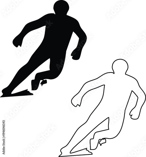 A stark depiction shows a skateboarder in silhouette and outline capturing a dynamic action pose with motion high quality professional detailed