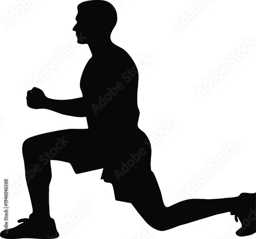A silhouette depicts a man performing a dynamic lunge exercise showcasing strength and athletic movement against a white background high quality