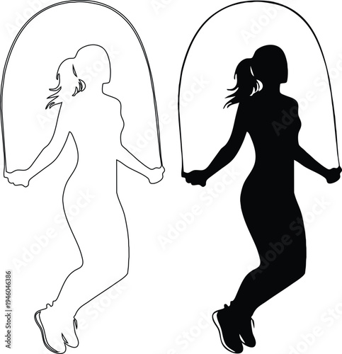 Two black and white silhouettes depict a girl jumping rope in a dynamic pose showing movement and athleticism high quality professional