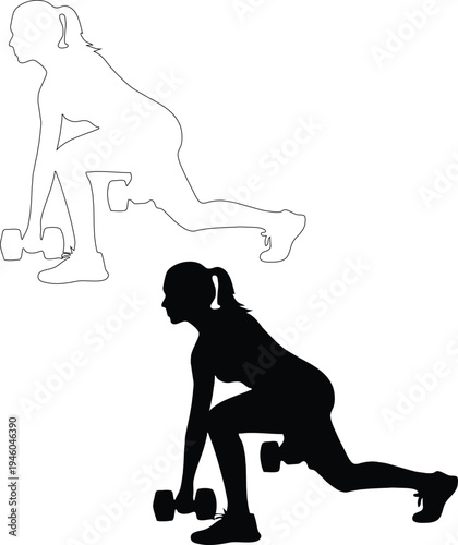A stark silhouette depicts a woman in a lunge, holding dumbbells, emphasizing physical fitness.