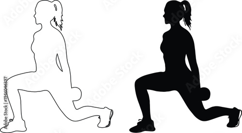 Two depictions of a woman in a lunge position, one outlined and one solid black.
