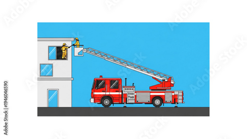 Fire Truck Emergency Response Vector, Firefighter Rescue Vehicle with Ladder Engine, Minimal Flat Red Emergency Service Illustration