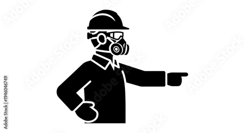 Worker wearing a gas mask pointing.