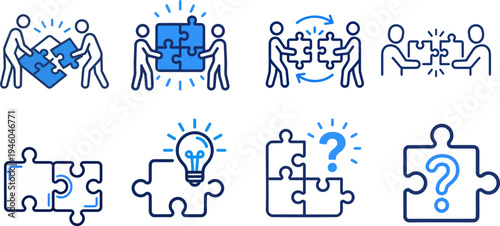 Puzzle and Collaboration Vector Icon Set — Jigsaw, Problem Solving, Teamwork, Business Solution, Editable Stroke Line Icons for Web and App UI