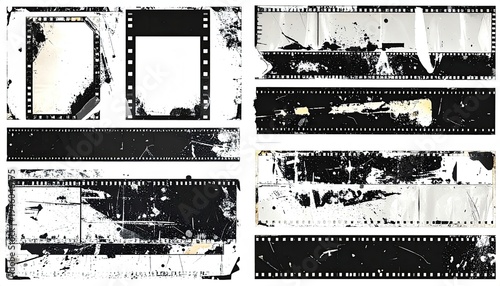Collection of aged, tattered, and distressed film strips and photo frames