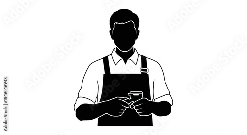 Man wearing apron holding smartphone.