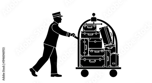 Man pushing luggage cart with suitcases.