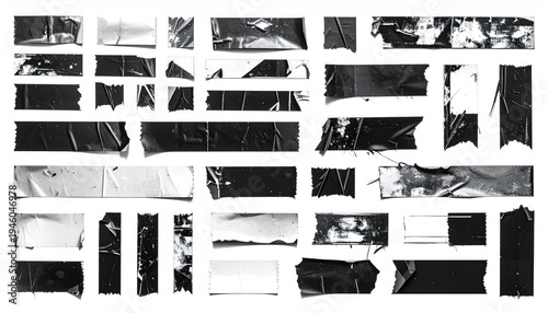 Collection of black and gray tape pieces, various sizes, on a white background