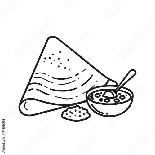 Dosa with Sambar and Chutney Indian Food Line Art Minimalist Breakfast Meal