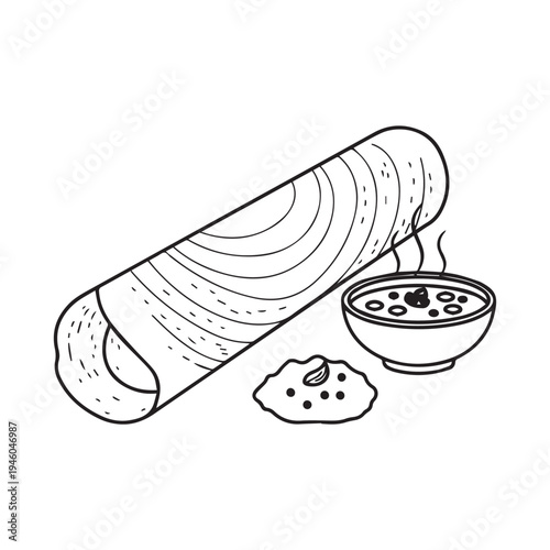 Dosa with Sambar and Chutney Indian Food Minimalist Line Drawing