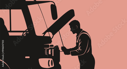 Man checking truck engine oil level.