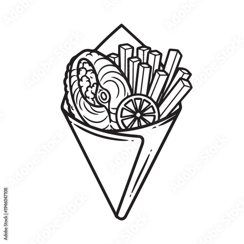 Fish and Chips in Paper Cone with Lemon Slice Outline Illustration