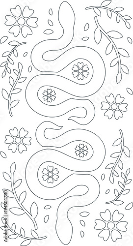 Snake entwined with floral pattern design for coloring book pages