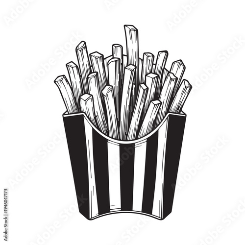 French Fries in Striped Box Hand Drawn Sketch Style Isolated on White Background Stock Illustration